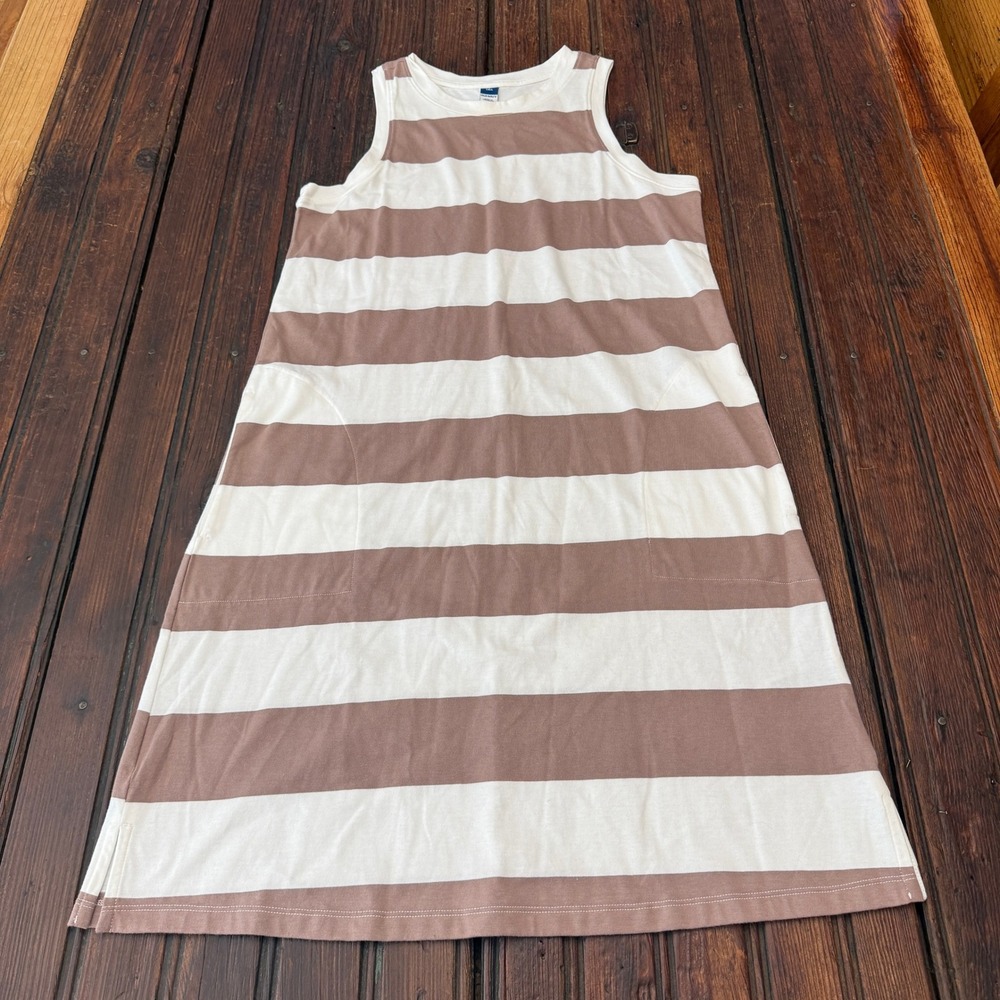 Old Navy Womens Brown White Striped Sleeveless Pocket Cotton Midi Dress S Tall